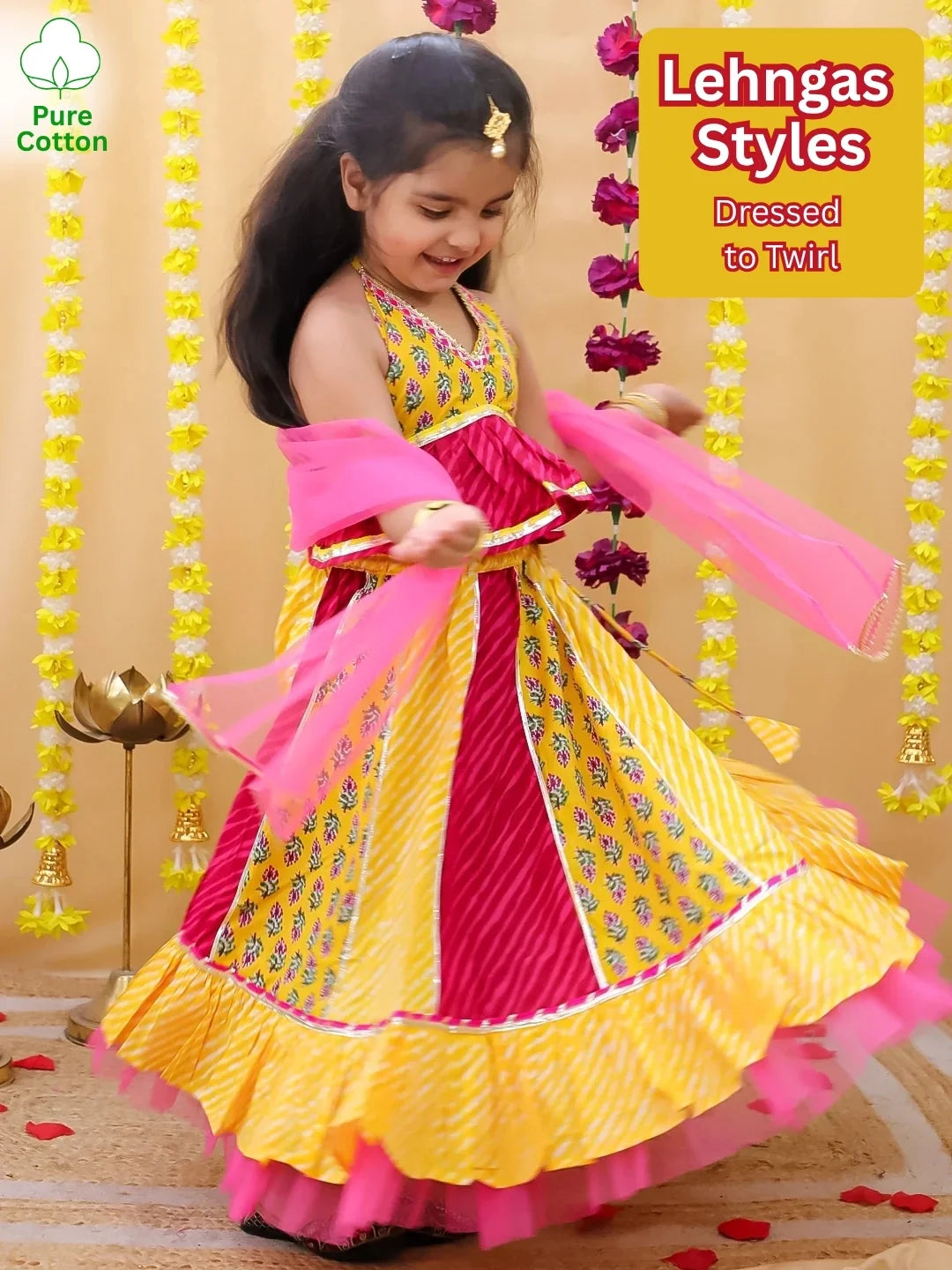 BownBee Pure Cotton Multicolored Lehenga Choli & Dupatta Set For Girls