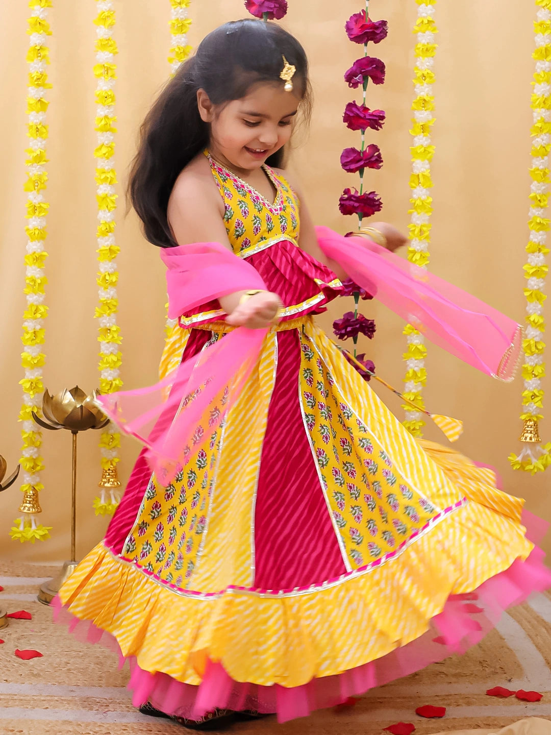BownBee Pure Cotton Multicolored Lehenga Choli & Dupatta Set For Girls