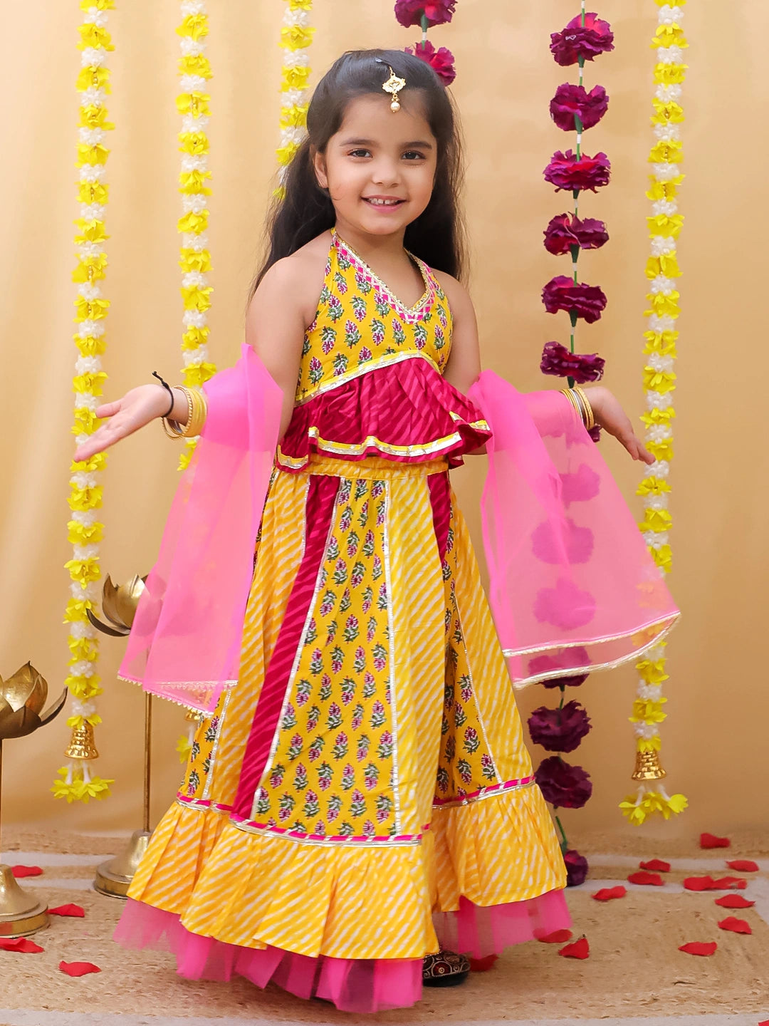BownBee Pure Cotton Multicolored Lehenga Choli & Dupatta Set For Girls