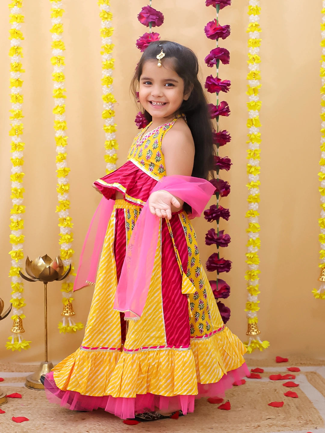 BownBee Pure Cotton Multicolored Lehenga Choli & Dupatta Set For Girls