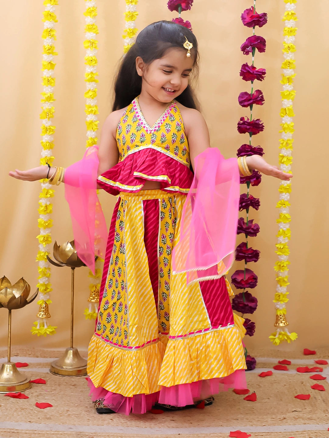 BownBee Pure Cotton Multicolored Lehenga Choli & Dupatta Set For Girls