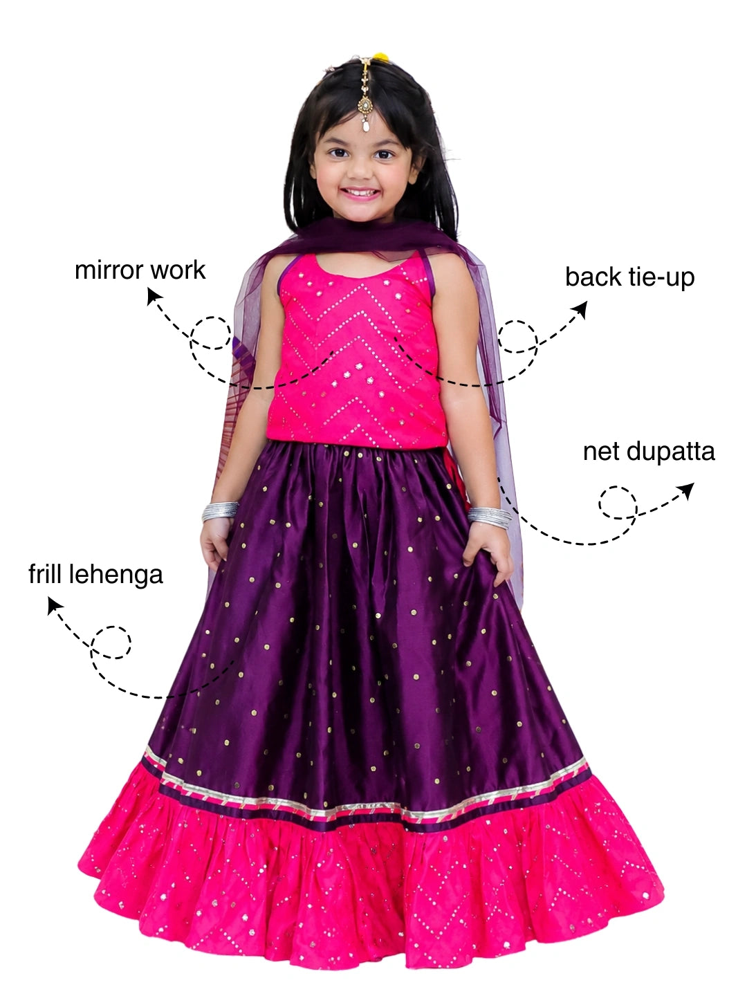 BownBee Mirror Work Halter Neck Choli and Taffeta Lehenga With Dupatta Set For Girls