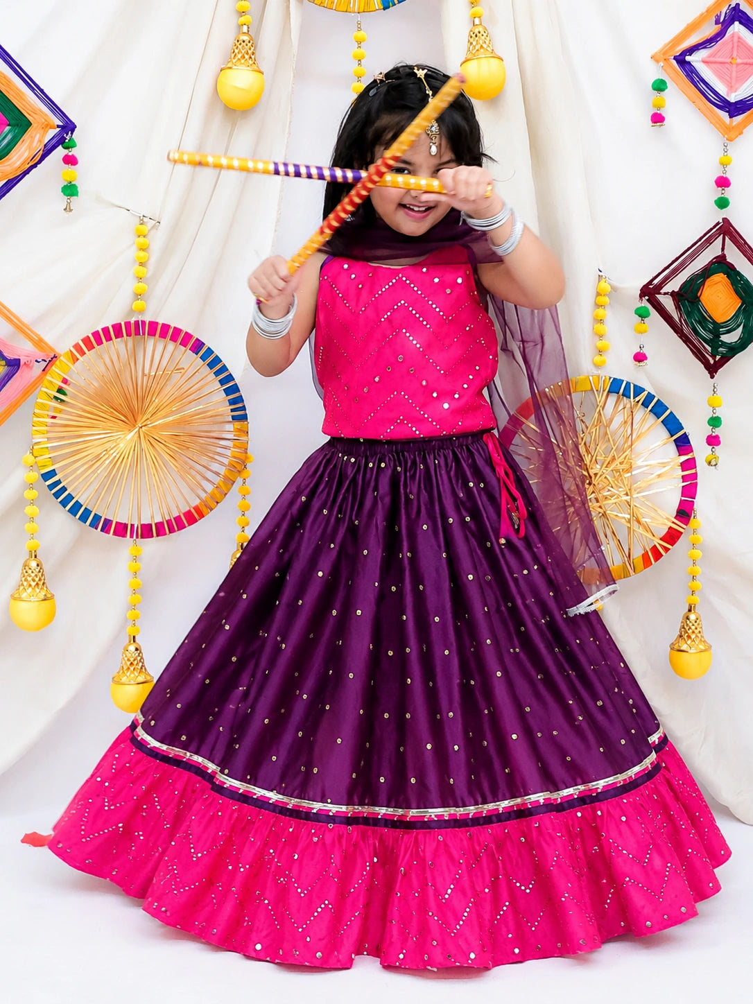 BownBee Mirror Work Halter Neck Choli and Taffeta Lehenga With Dupatta Set For Girls