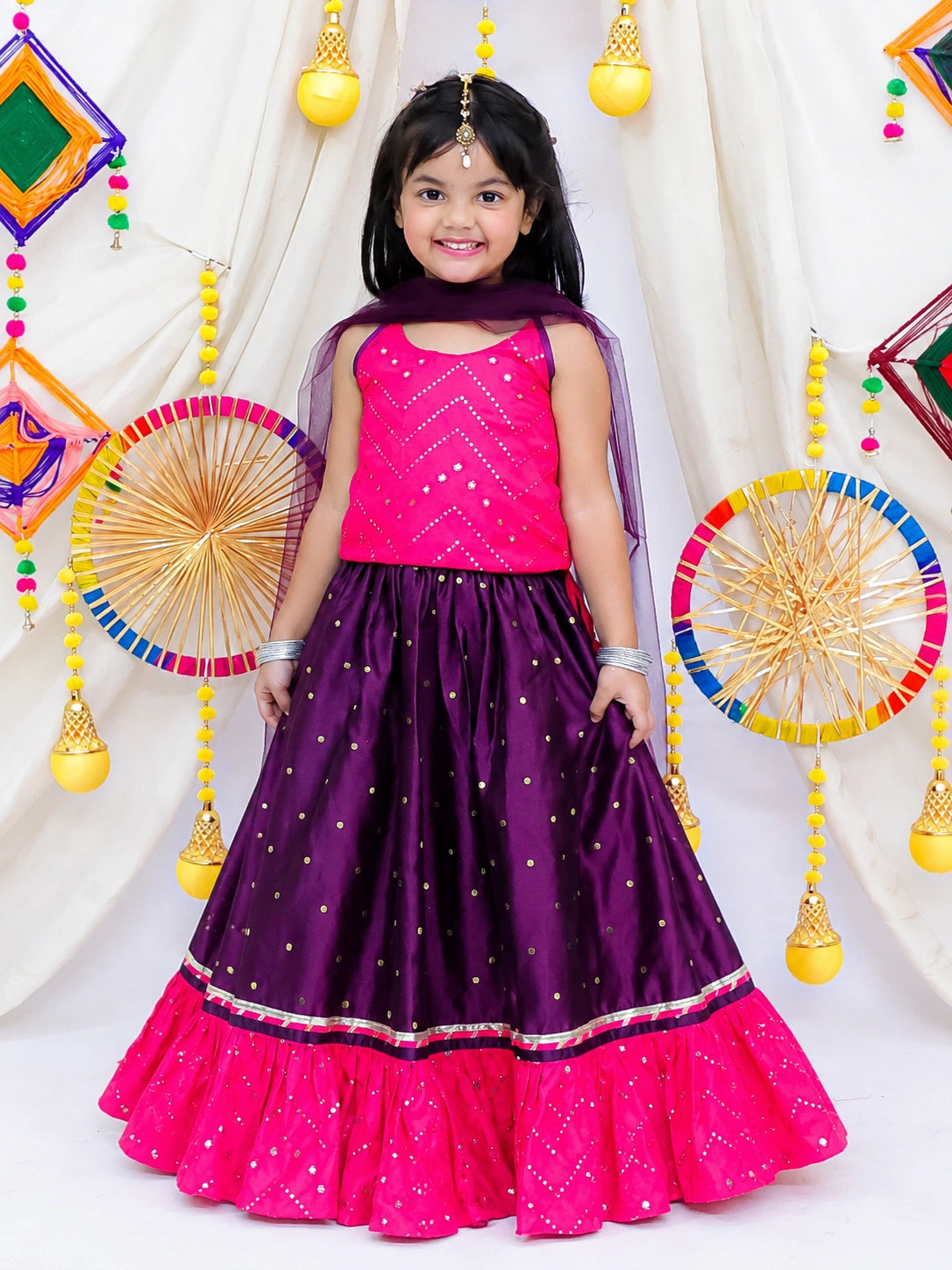 BownBee Mirror Work Halter Neck Choli and Taffeta Lehenga With Dupatta Set For Girls