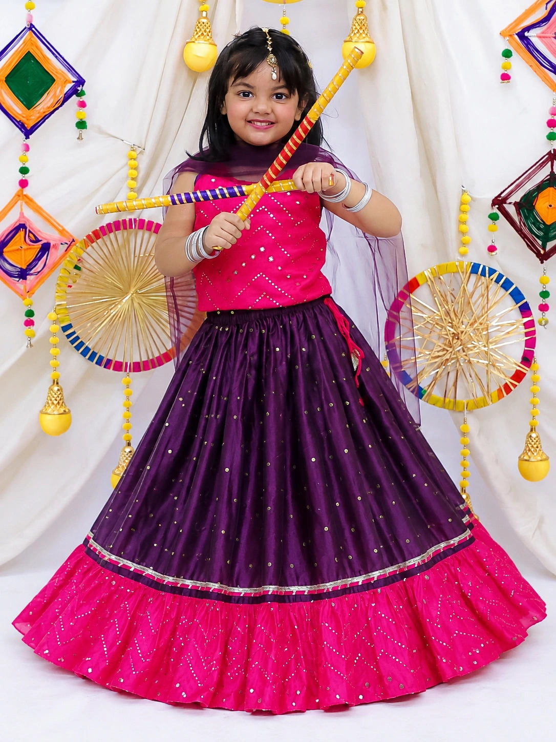BownBee Mirror Work Halter Neck Choli and Taffeta Lehenga With Dupatta Set For Girls