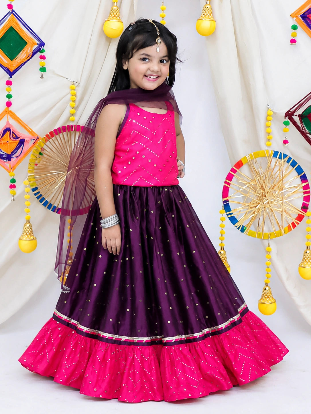 BownBee Mirror Work Halter Neck Choli and Taffeta Lehenga With Dupatta Set For Girls