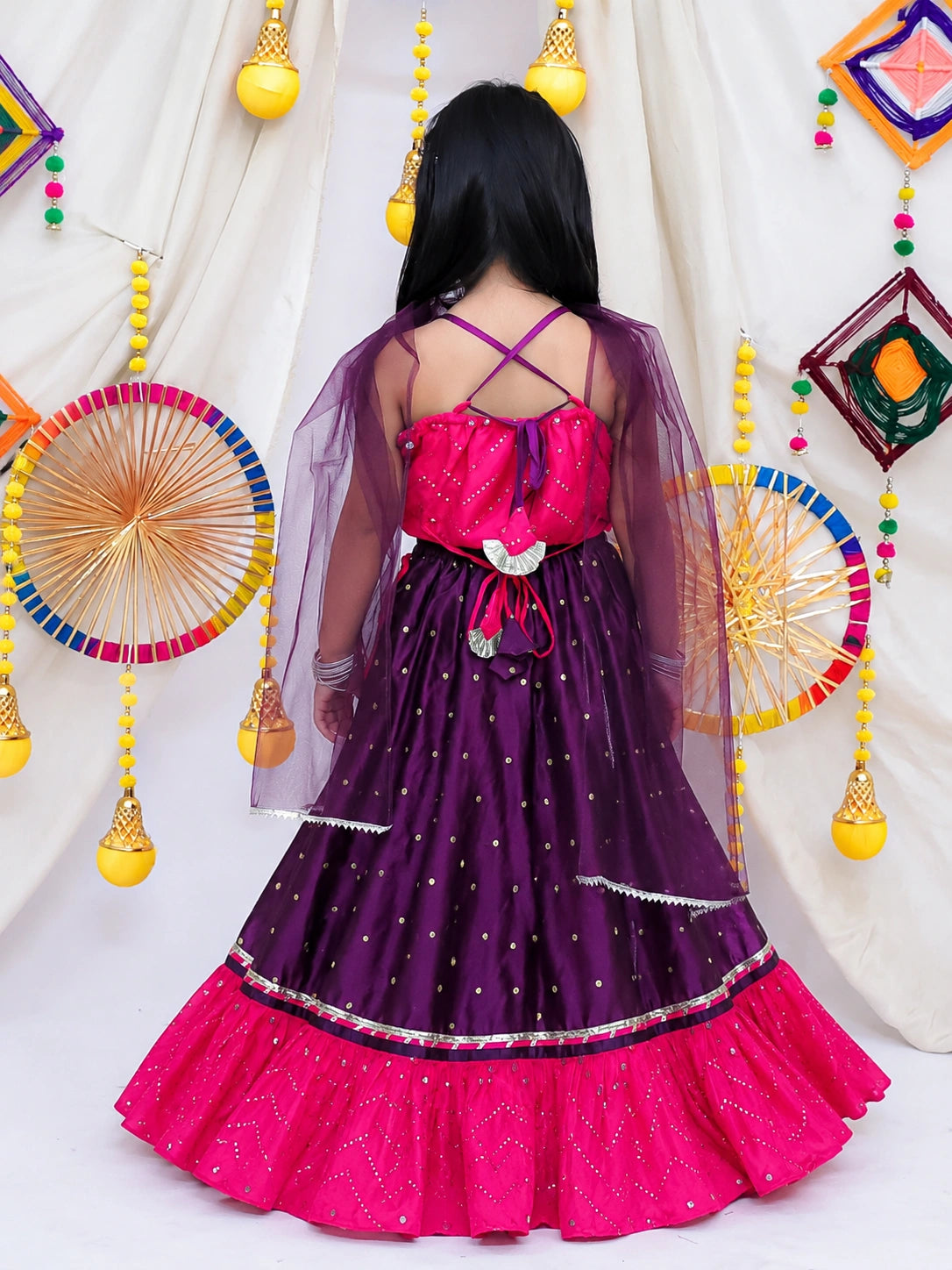 BownBee Mirror Work Halter Neck Choli and Taffeta Lehenga With Dupatta Set For Girls