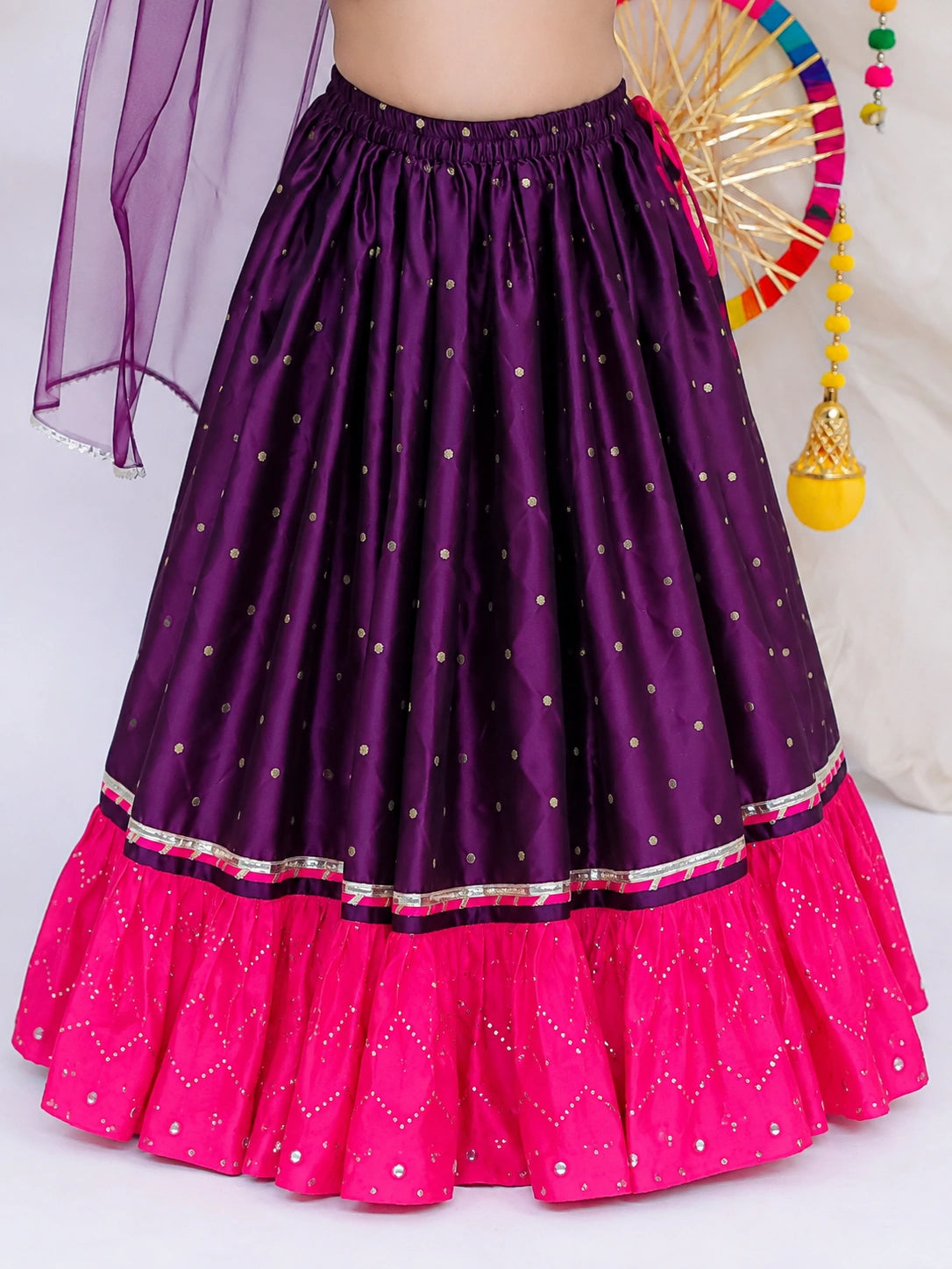 BownBee Mirror Work Halter Neck Choli and Taffeta Lehenga With Dupatta Set For Girls