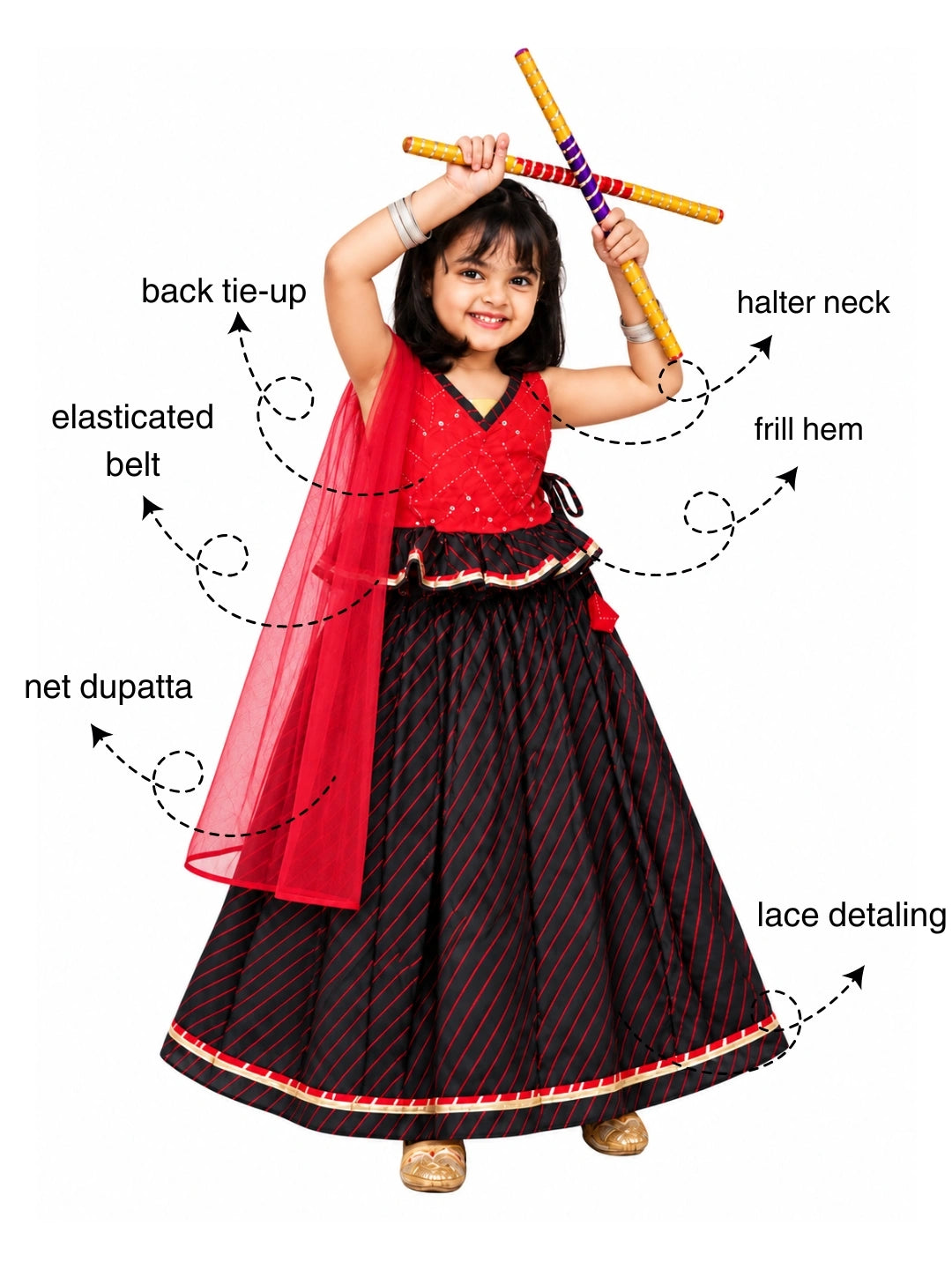 BownBee Mirror Work Halter Neck Lehenga Choli  With Dupatta Set For Girls