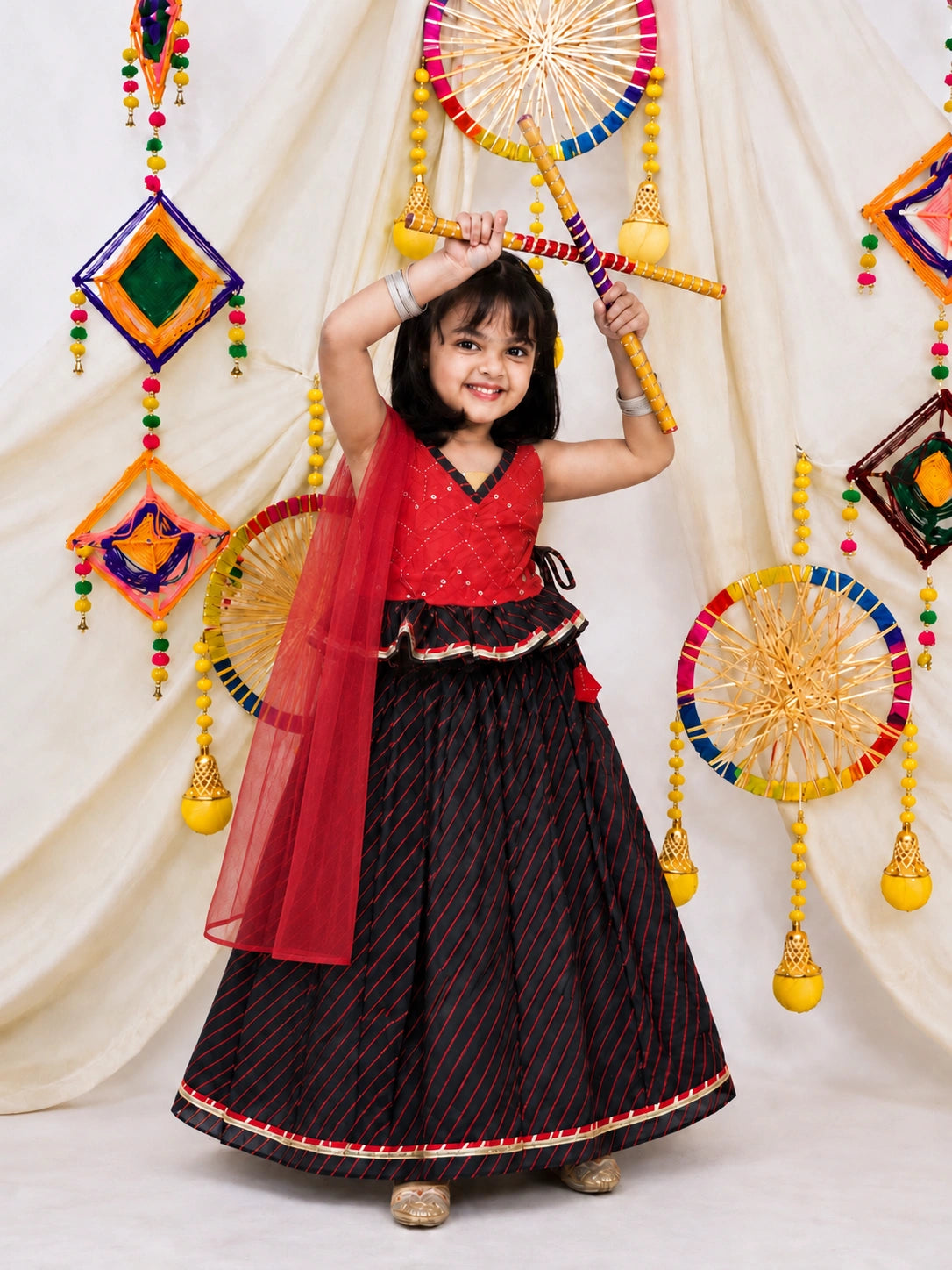BownBee Mirror Work Halter Neck Lehenga Choli  With Dupatta Set For Girls