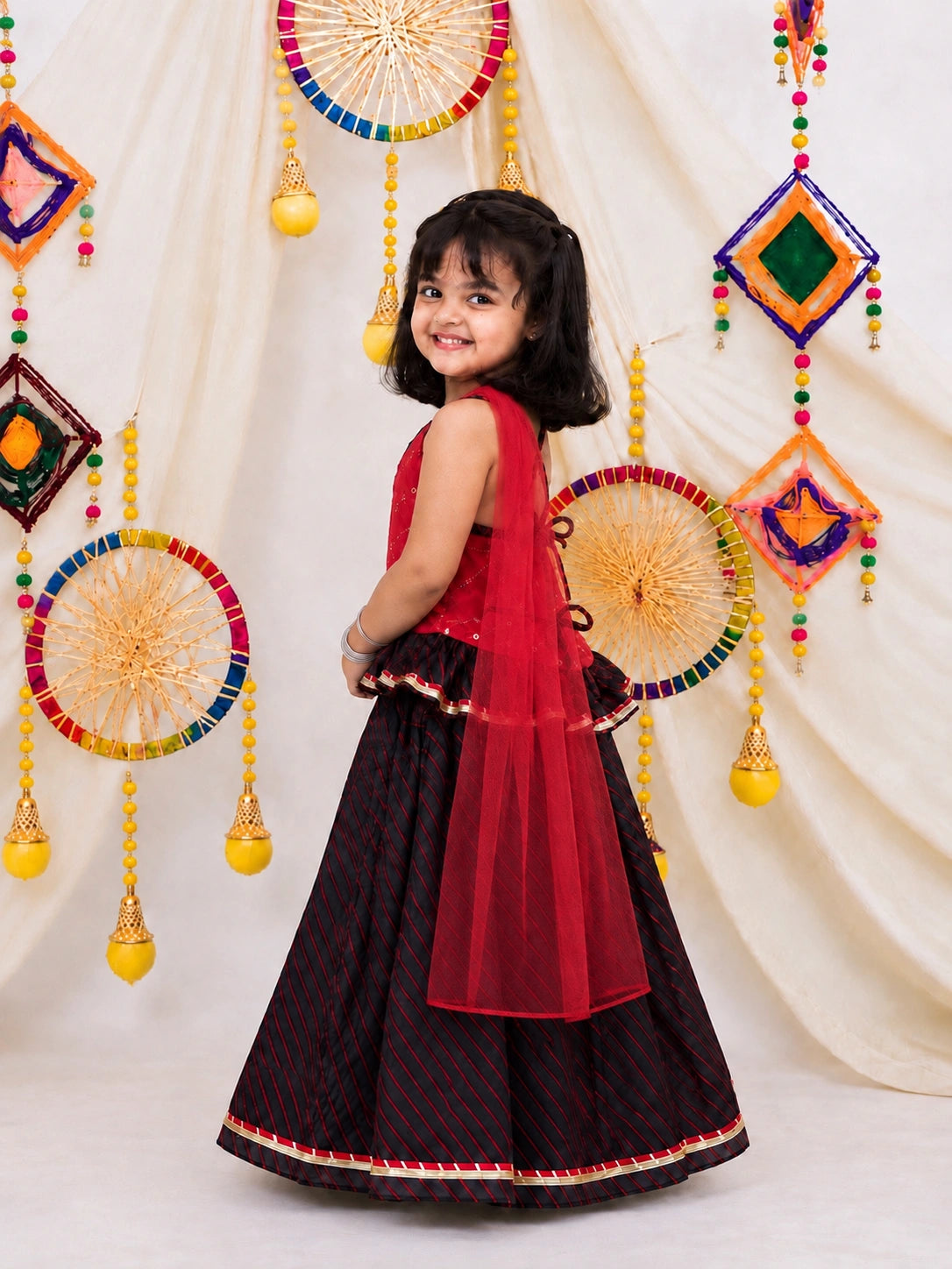 BownBee Mirror Work Halter Neck Lehenga Choli  With Dupatta Set For Girls