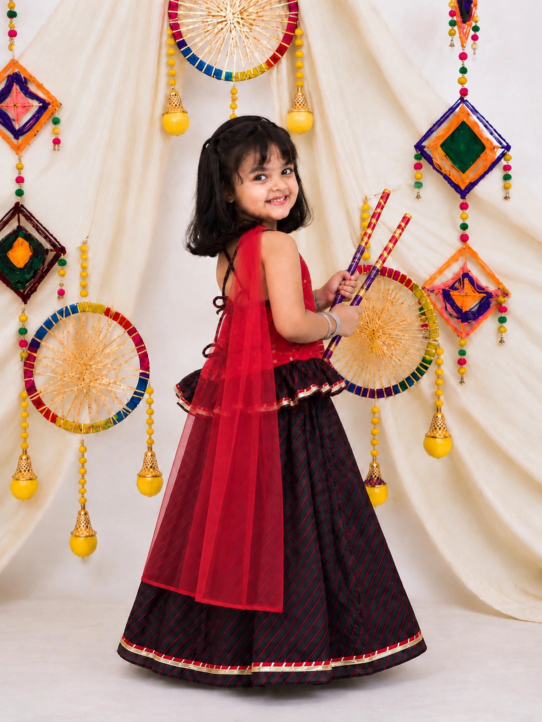 BownBee Mirror Work Halter Neck Lehenga Choli  With Dupatta Set For Girls