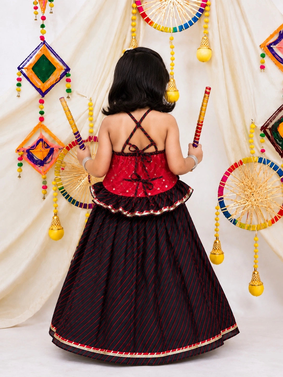 BownBee Mirror Work Halter Neck Lehenga Choli  With Dupatta Set For Girls
