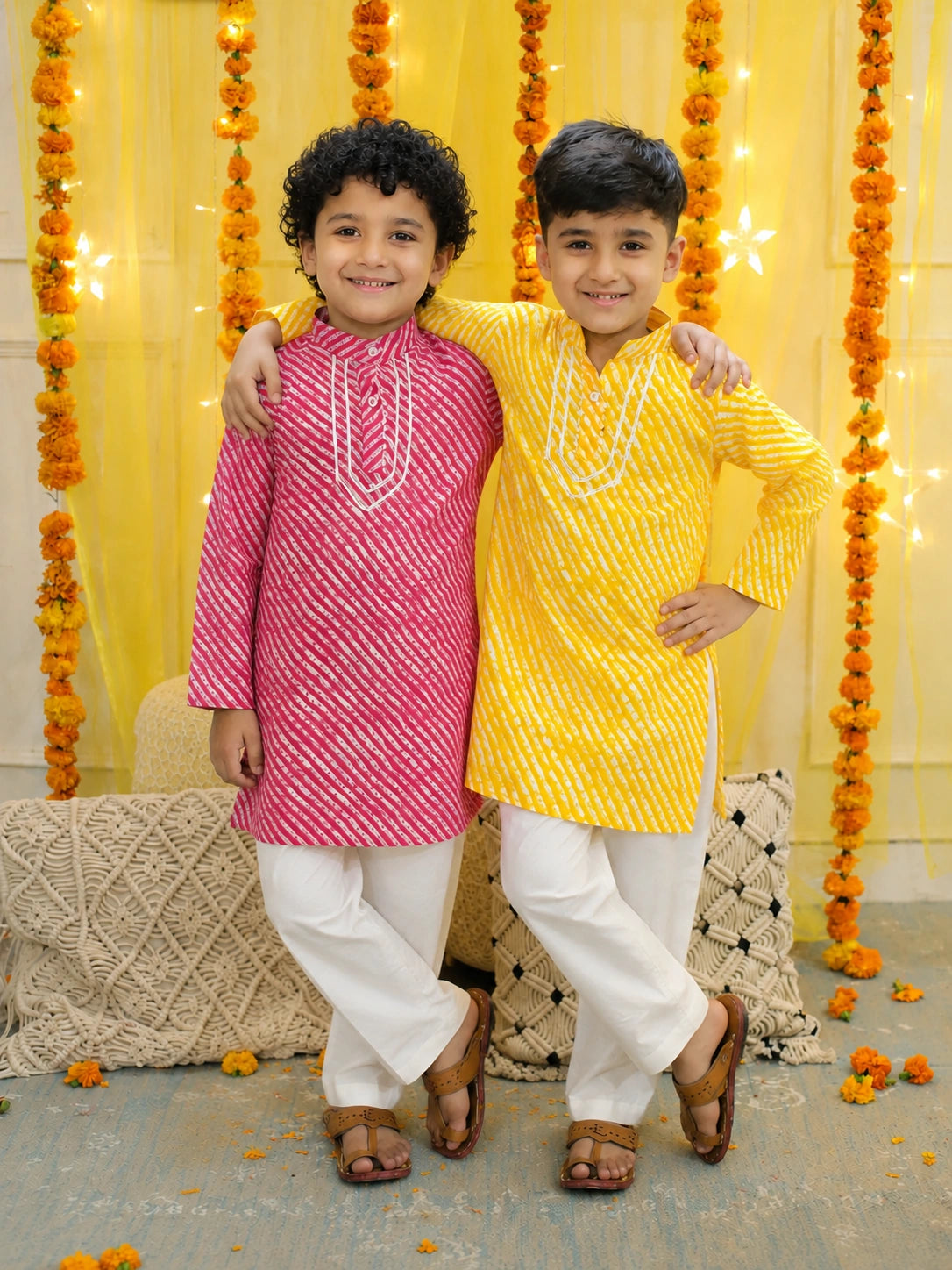 BownBee Pure Cotton Full Sleeve Kurta Pajama Sibling Set Yellow & Pink Combo