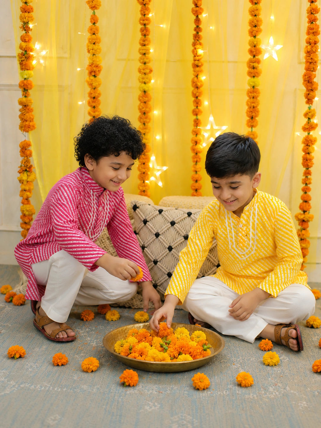 BownBee Pure Cotton Full Sleeve Kurta Pajama Sibling Set Yellow & Pink Combo