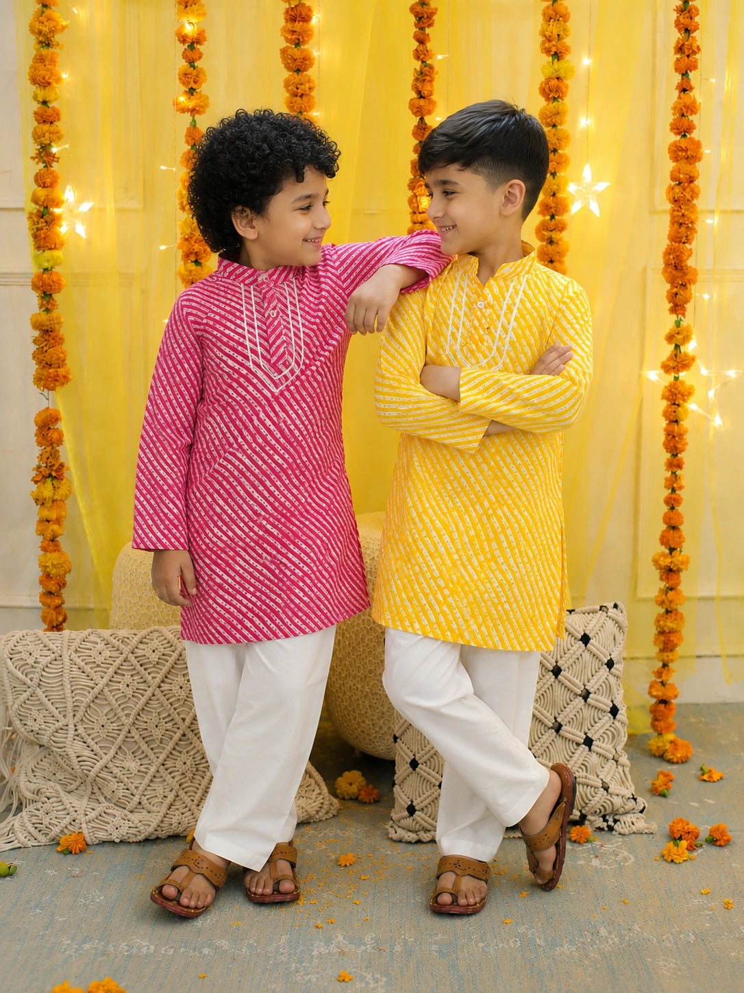 BownBee Pure Cotton Full Sleeve Kurta Pajama Sibling Set Yellow & Pink Combo
