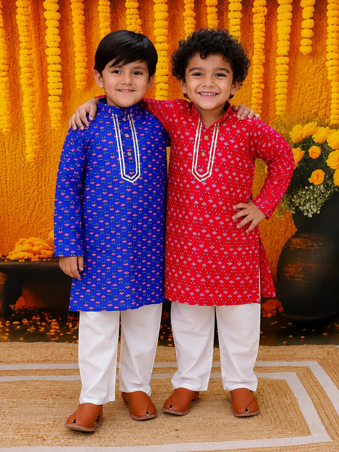 BownBee Full Sleeve Pure Cotton Printed Kurta Pajama Sibling Set Red & Blue Combo
