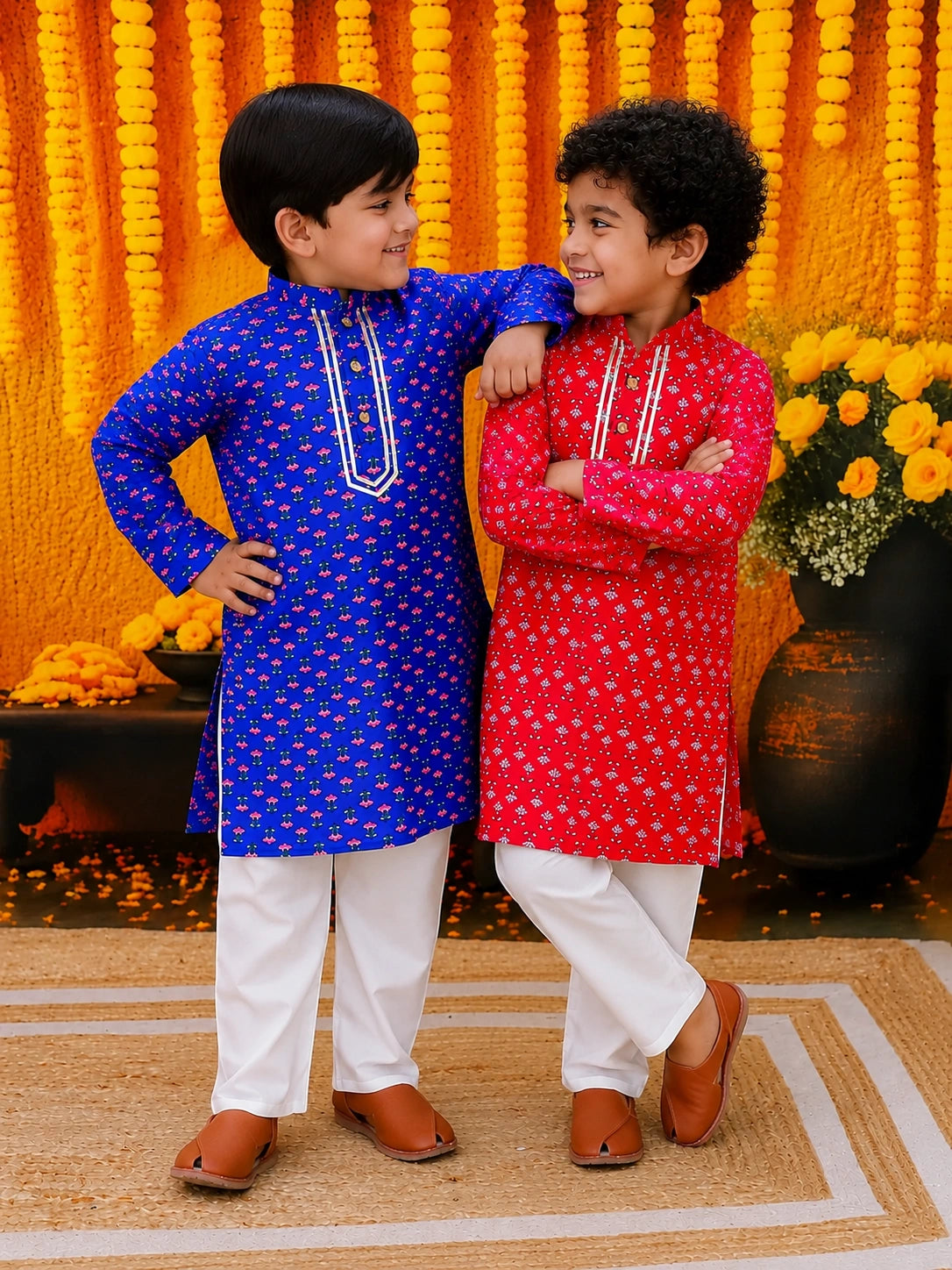 BownBee Full Sleeve Pure Cotton Printed Kurta Pajama Sibling Set Red & Blue Combo