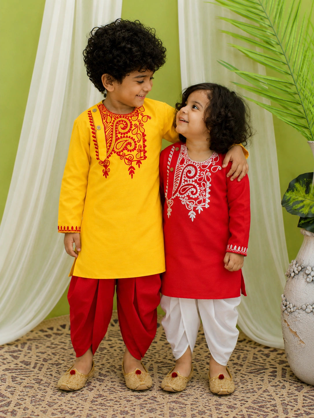 BownBee Pure Cotton Embroidered Dhoti Kurta Sibling Set Red & Yellow Combo