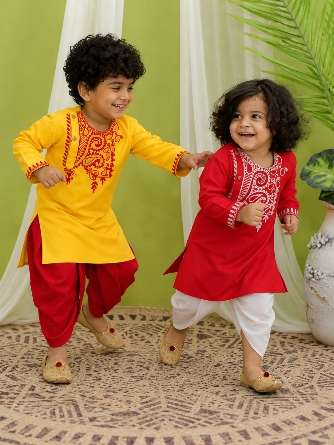 BownBee Pure Cotton Embroidered Dhoti Kurta Sibling Set Red & Yellow Combo