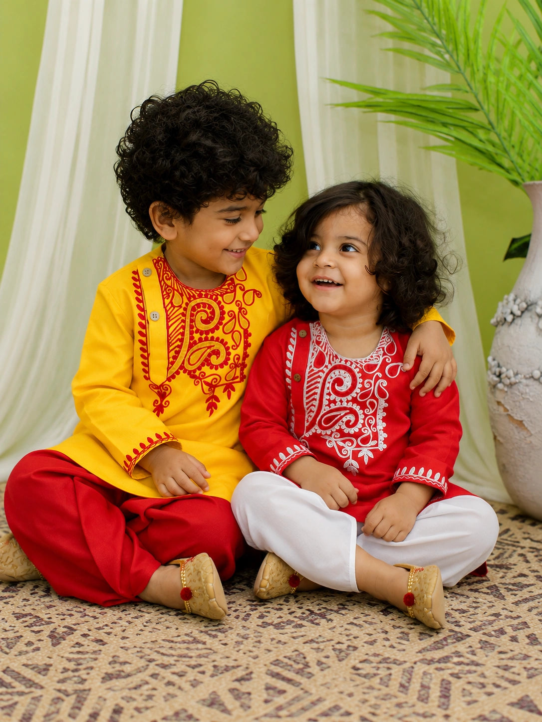 BownBee Pure Cotton Embroidered Dhoti Kurta Sibling Set Red & Yellow Combo