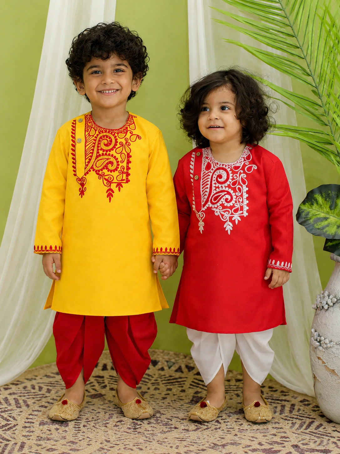 BownBee Pure Cotton Embroidered Dhoti Kurta Sibling Set Red & Yellow Combo