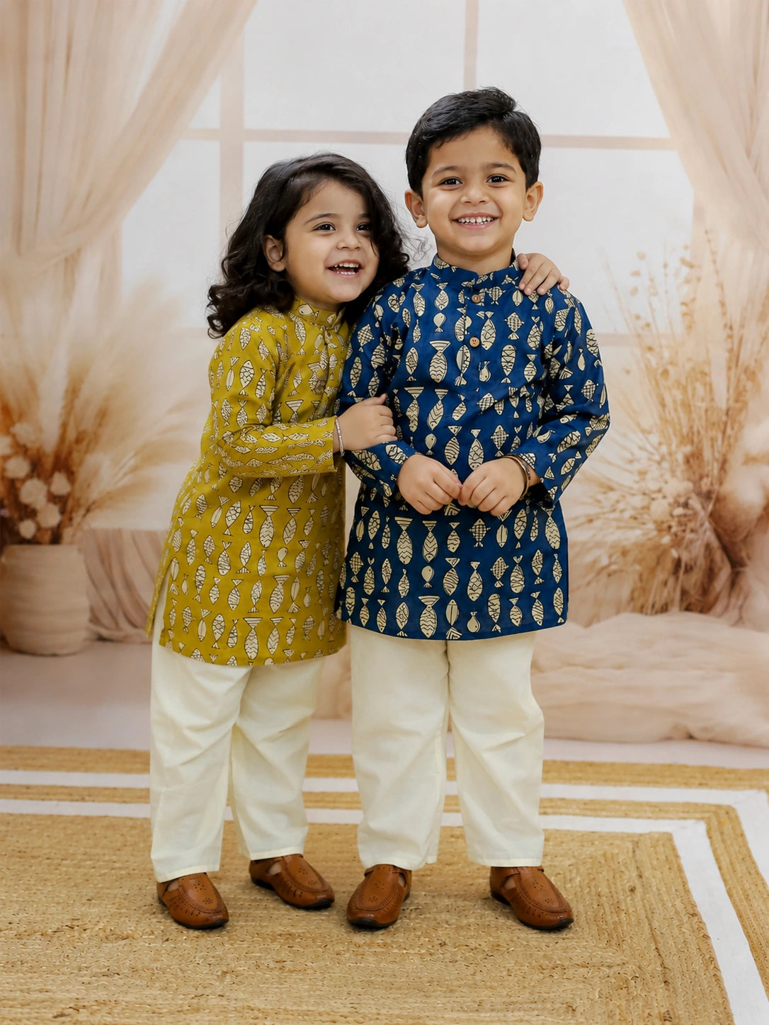 BownBee Quirky Kurta Pajama Sibling Set Yellow & Indigo Combo