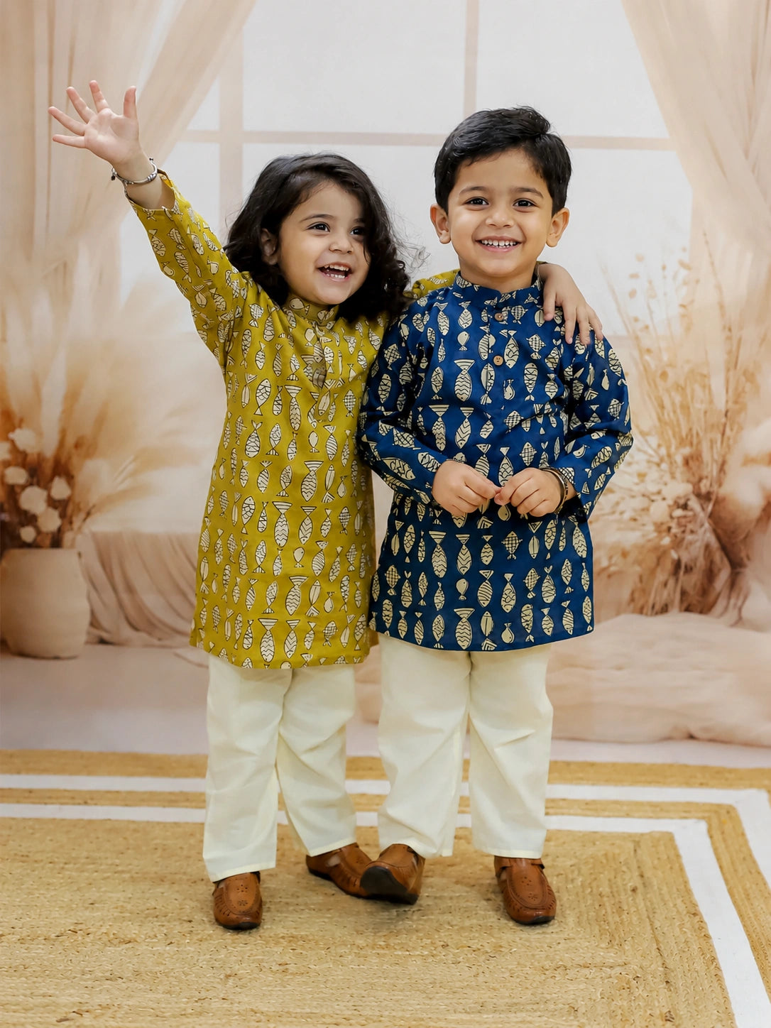 BownBee Quirky Kurta Pajama Sibling Set Yellow & Indigo Combo