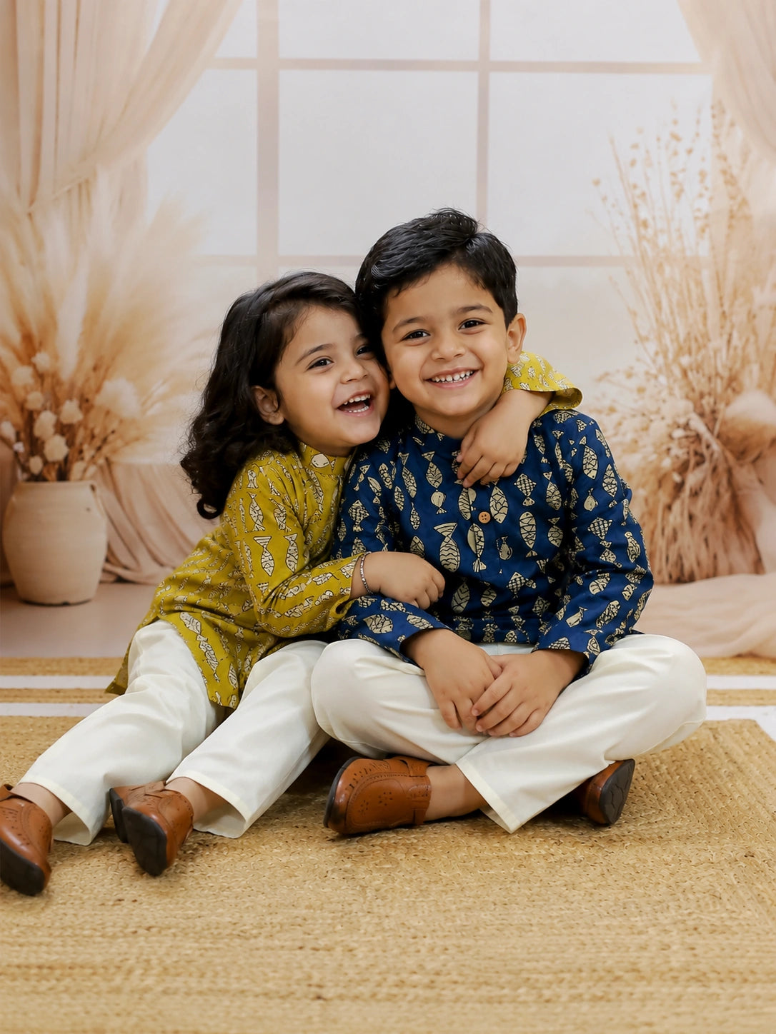 BownBee Quirky Kurta Pajama Sibling Set Yellow & Indigo Combo