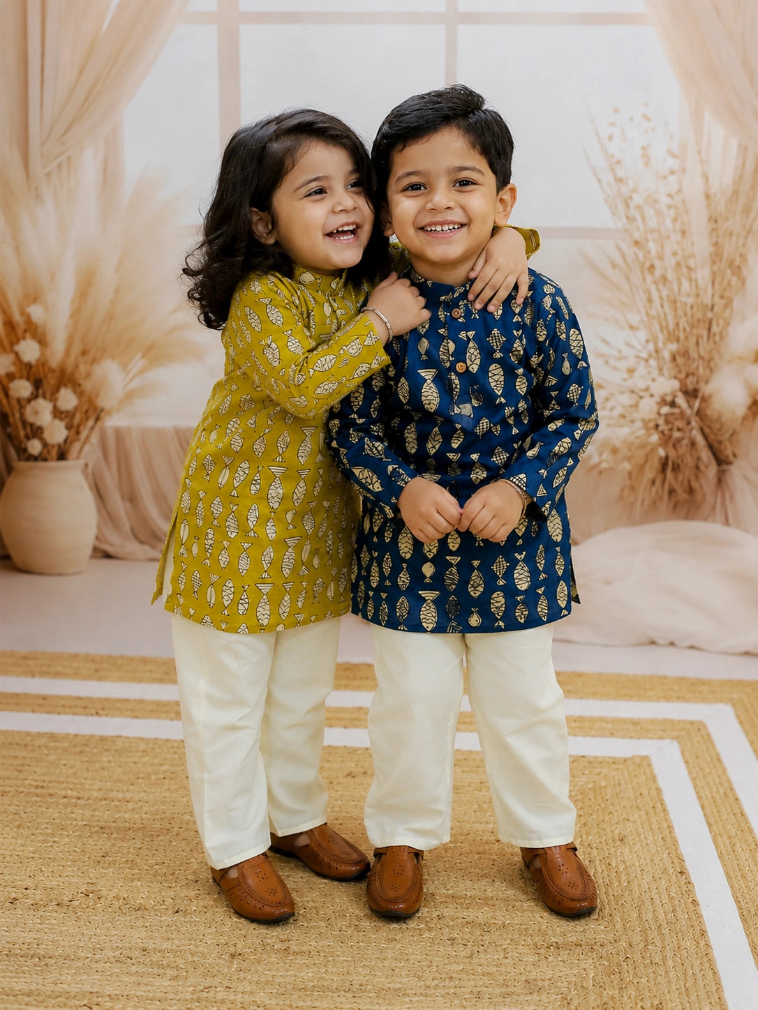 BownBee Quirky Kurta Pajama Sibling Set Yellow & Indigo Combo