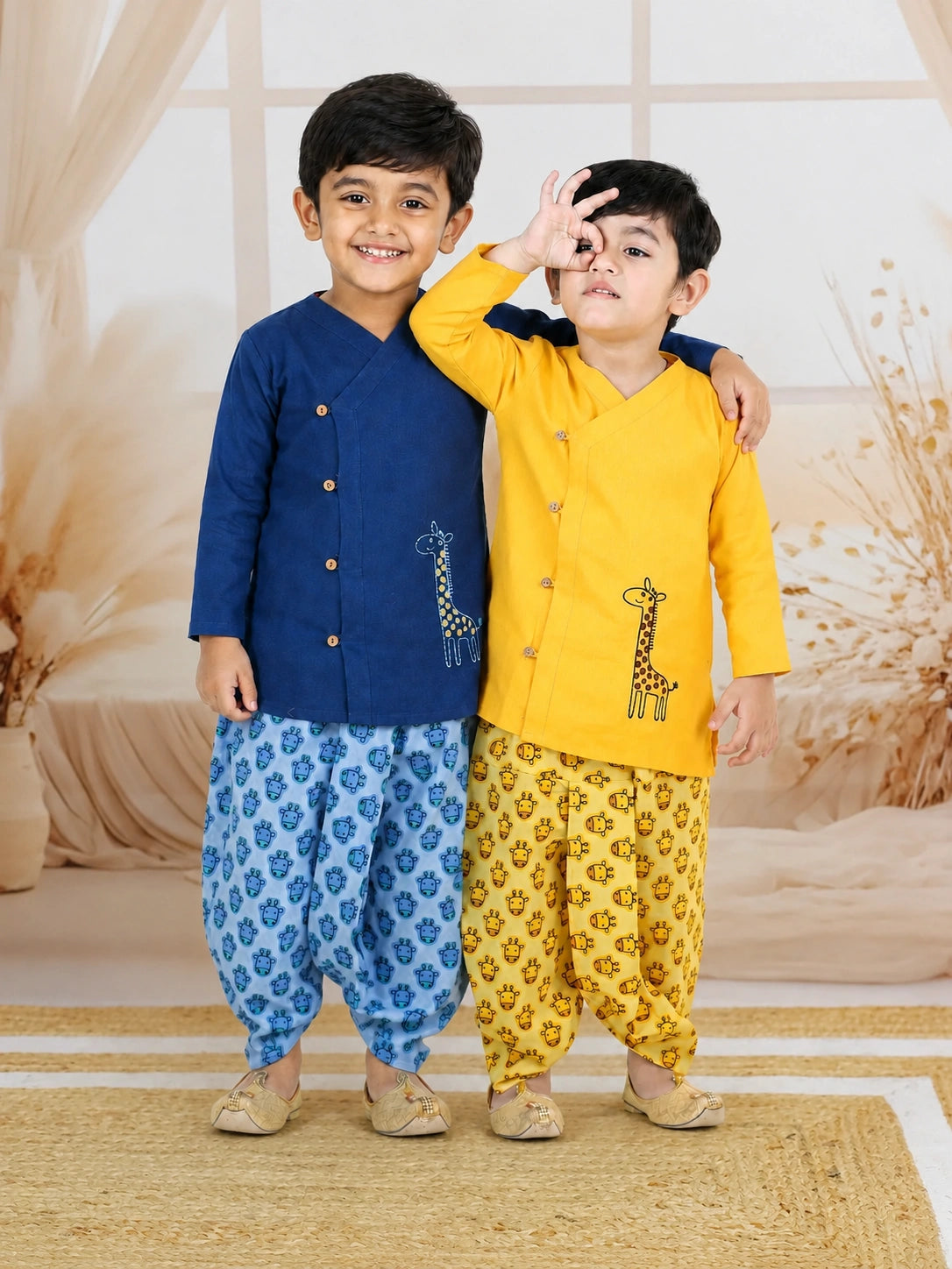 BownBee Pure Cotton Embroidered Dhoti Kurta Sibling Set Yellow & BlueCombo
