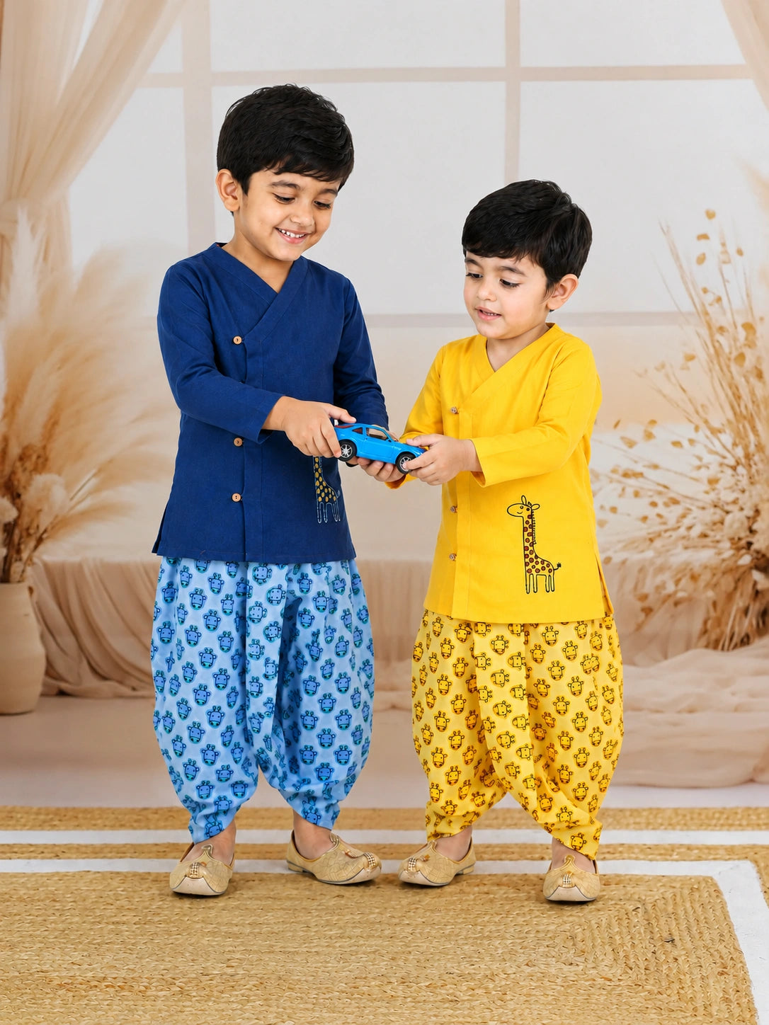 BownBee Pure Cotton Embroidered Dhoti Kurta Sibling Set Yellow & BlueCombo