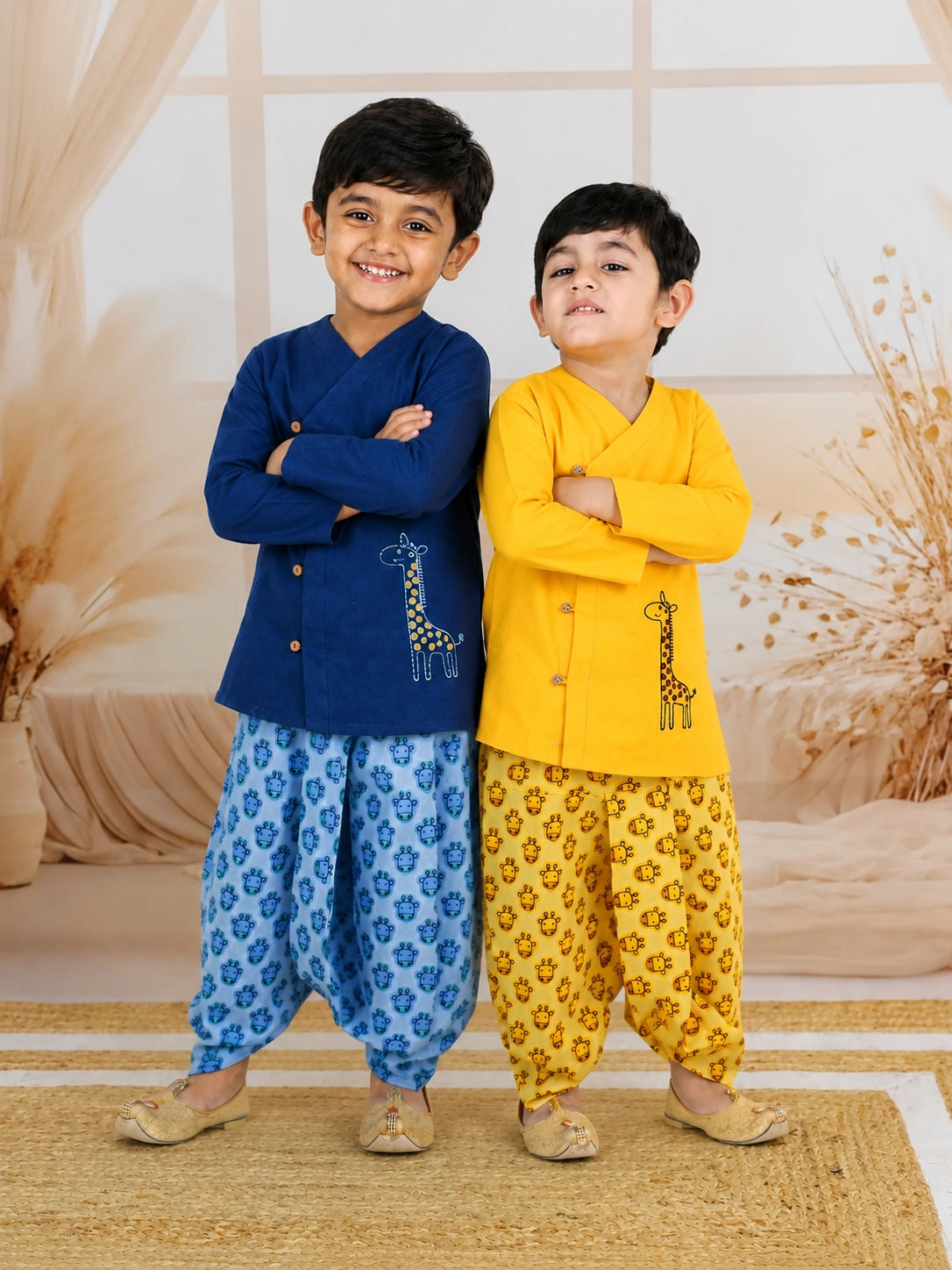 BownBee Pure Cotton Embroidered Dhoti Kurta Sibling Set Yellow & BlueCombo