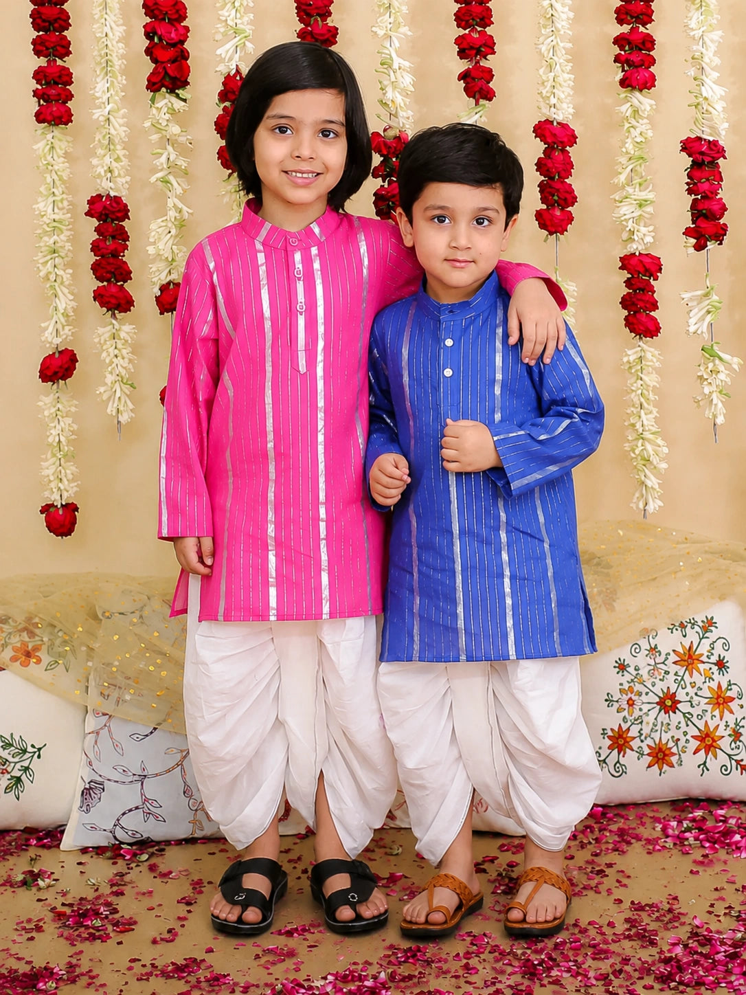 BownBee Pure Cotton Lurex Kurta With Dhoti Sibling Set Blue & Pink