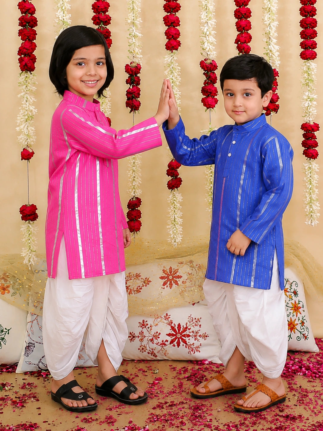 BownBee Pure Cotton Lurex Kurta With Dhoti Sibling Set Blue & Pink