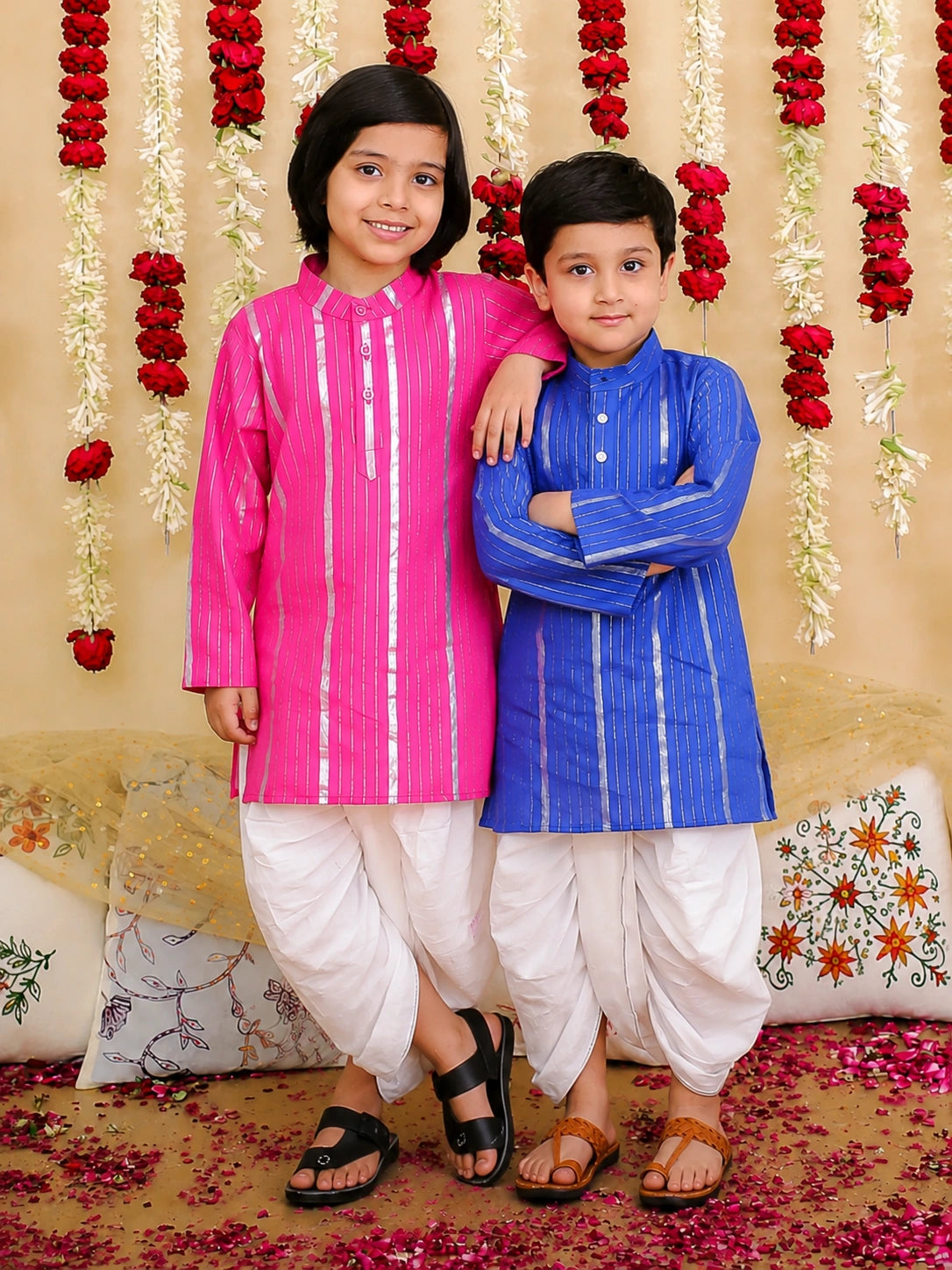 BownBee Pure Cotton Lurex Kurta With Dhoti Sibling Set Blue & Pink