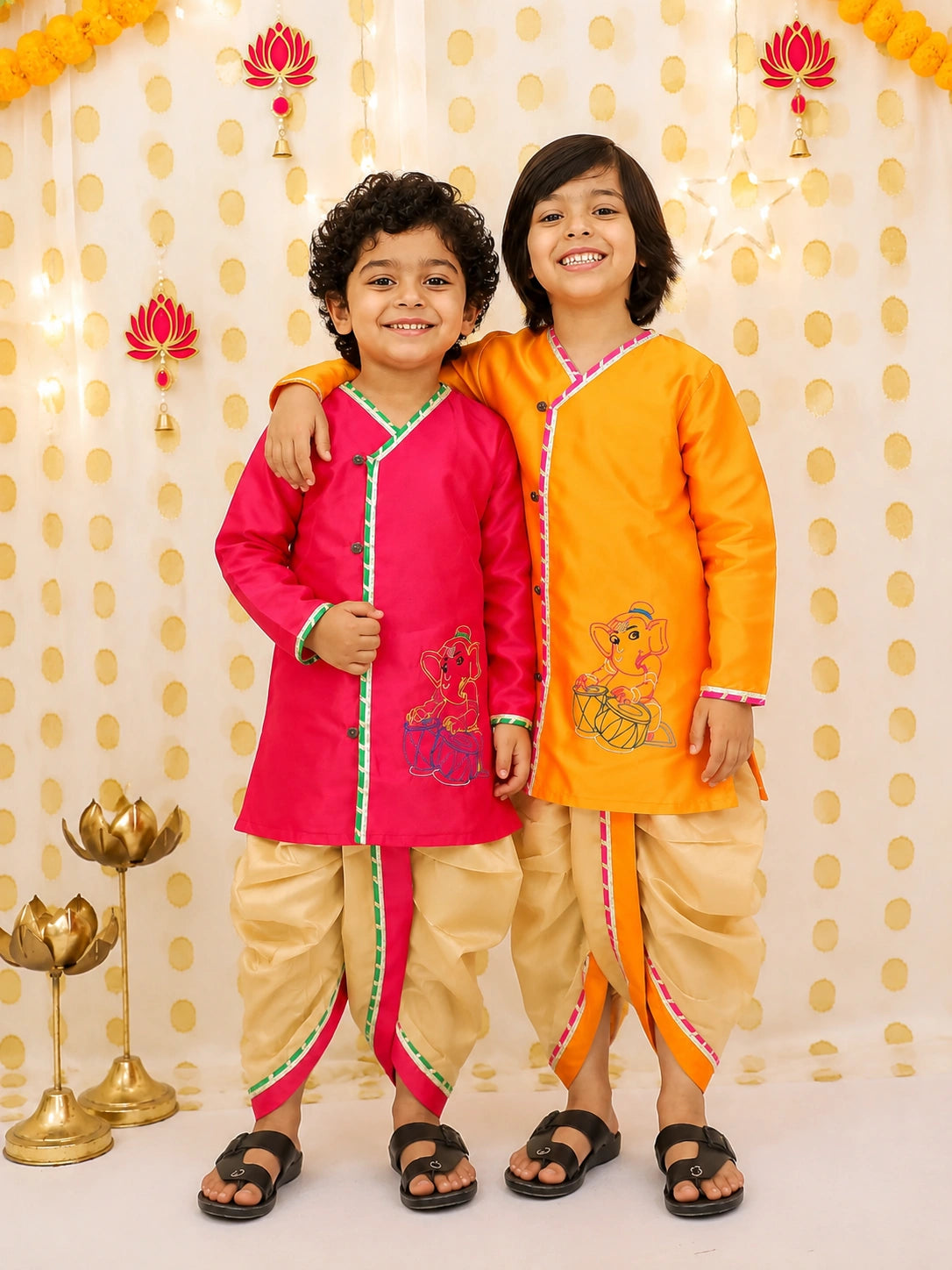 BownBee Embroidered Silk Tafetta Kurta Dhoti  Sibling Set Pink & Orange Combo