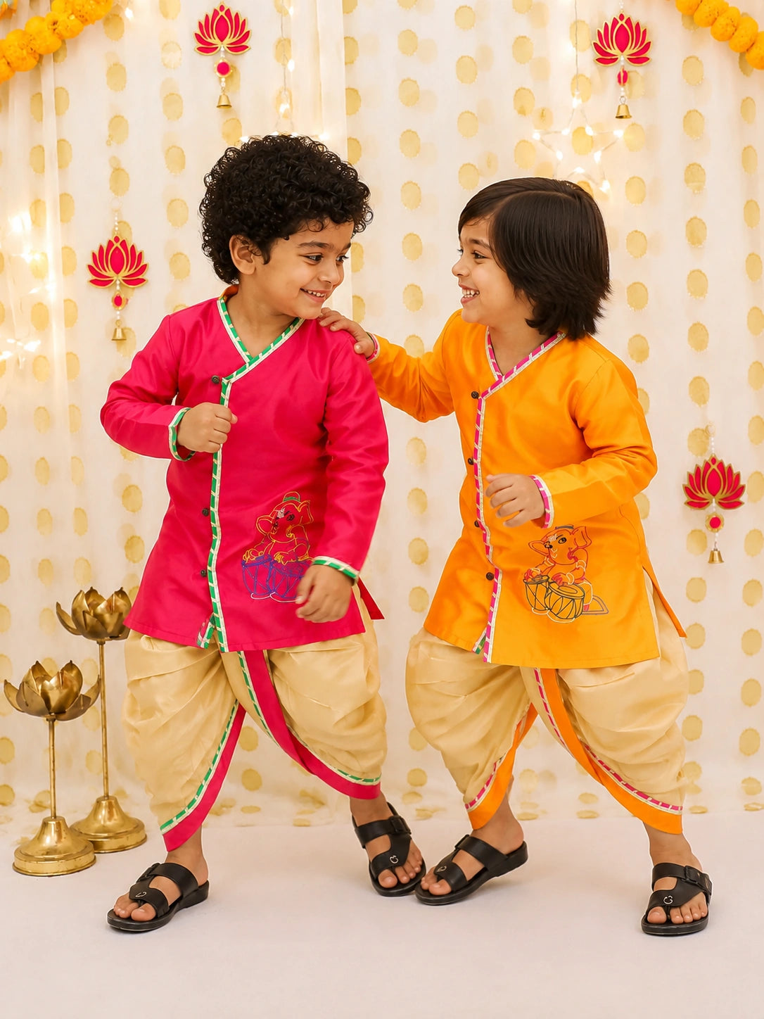 BownBee Embroidered Silk Tafetta Kurta Dhoti  Sibling Set Pink & Orange Combo