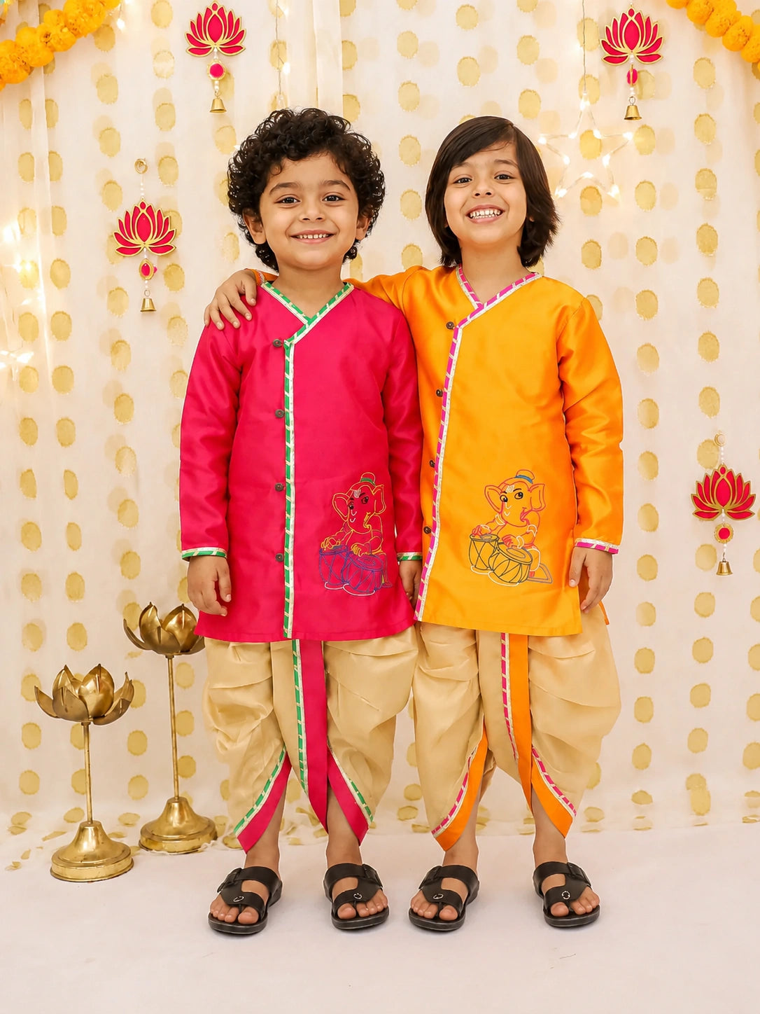 BownBee Embroidered Silk Tafetta Kurta Dhoti  Sibling Set Pink & Orange Combo