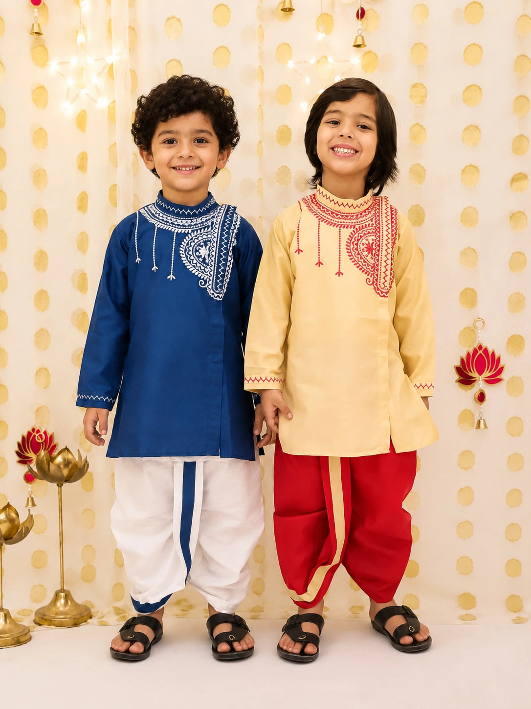 BownBee Embroidered Bengali Style Dhoti Kurta Sibling Set Beige & Navy Blue Combo