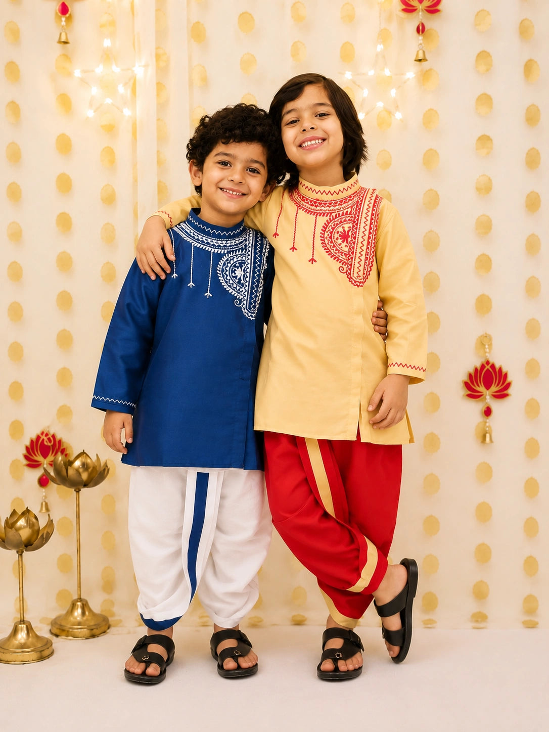 BownBee Embroidered Bengali Style Dhoti Kurta Sibling Set Beige & Navy Blue Combo