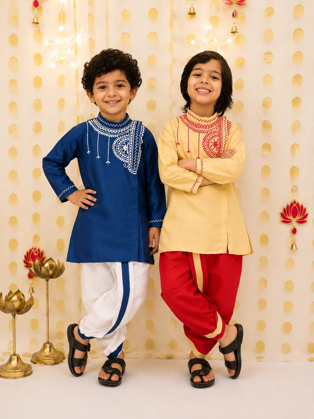 BownBee Embroidered Bengali Style Dhoti Kurta Sibling Set Beige & Navy Blue Combo