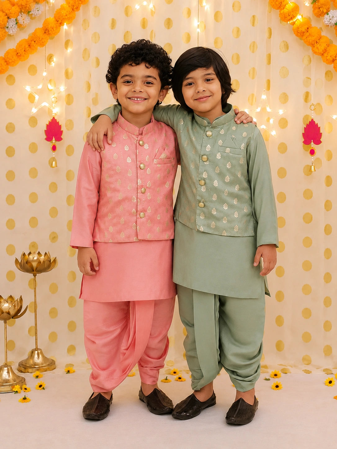 BownBee Festive Chanderi Jacket With Solid Dhoti Kurta Sibling Set Peach and Green Combo