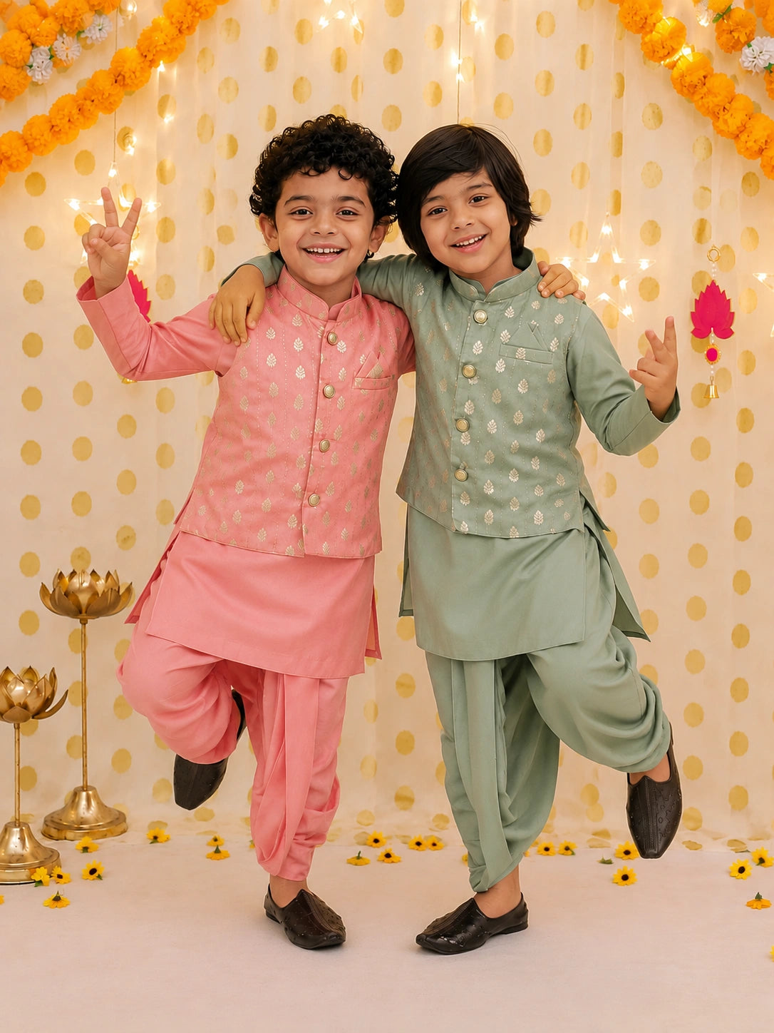 BownBee Festive Chanderi Jacket With Solid Dhoti Kurta Sibling Set Peach and Green Combo