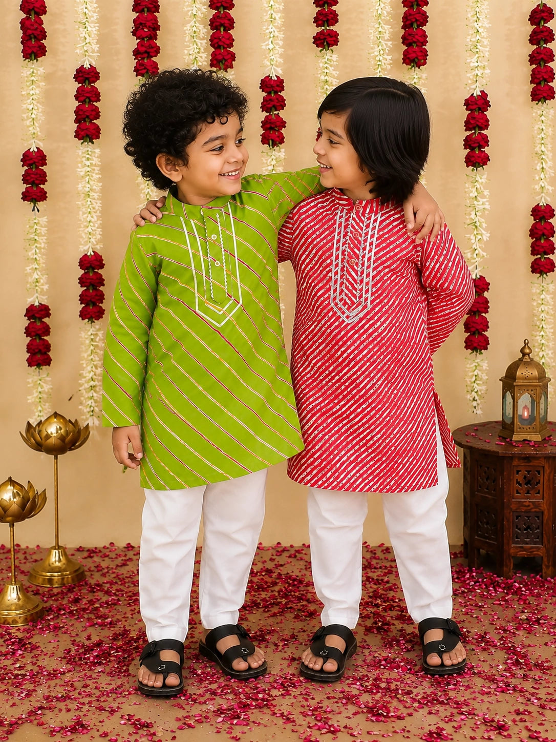 BownBee Pure Cotton Lehriya Kurta Pajama Sibling Set Red & Green Combo
