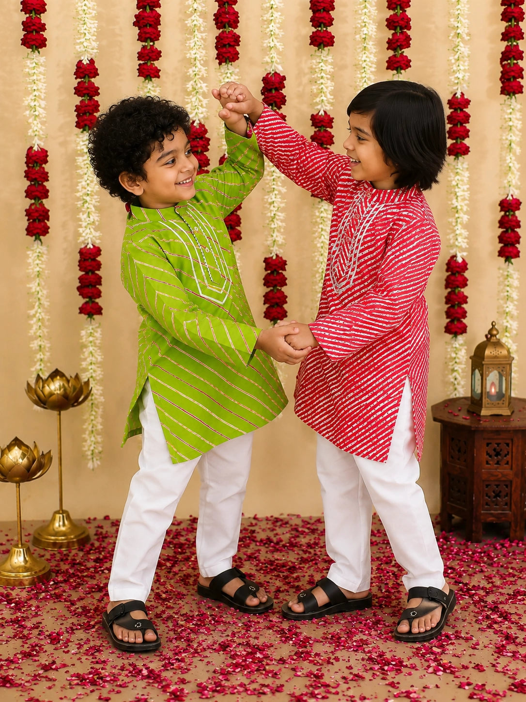 BownBee Pure Cotton Lehriya Kurta Pajama Sibling Set Red & Green Combo