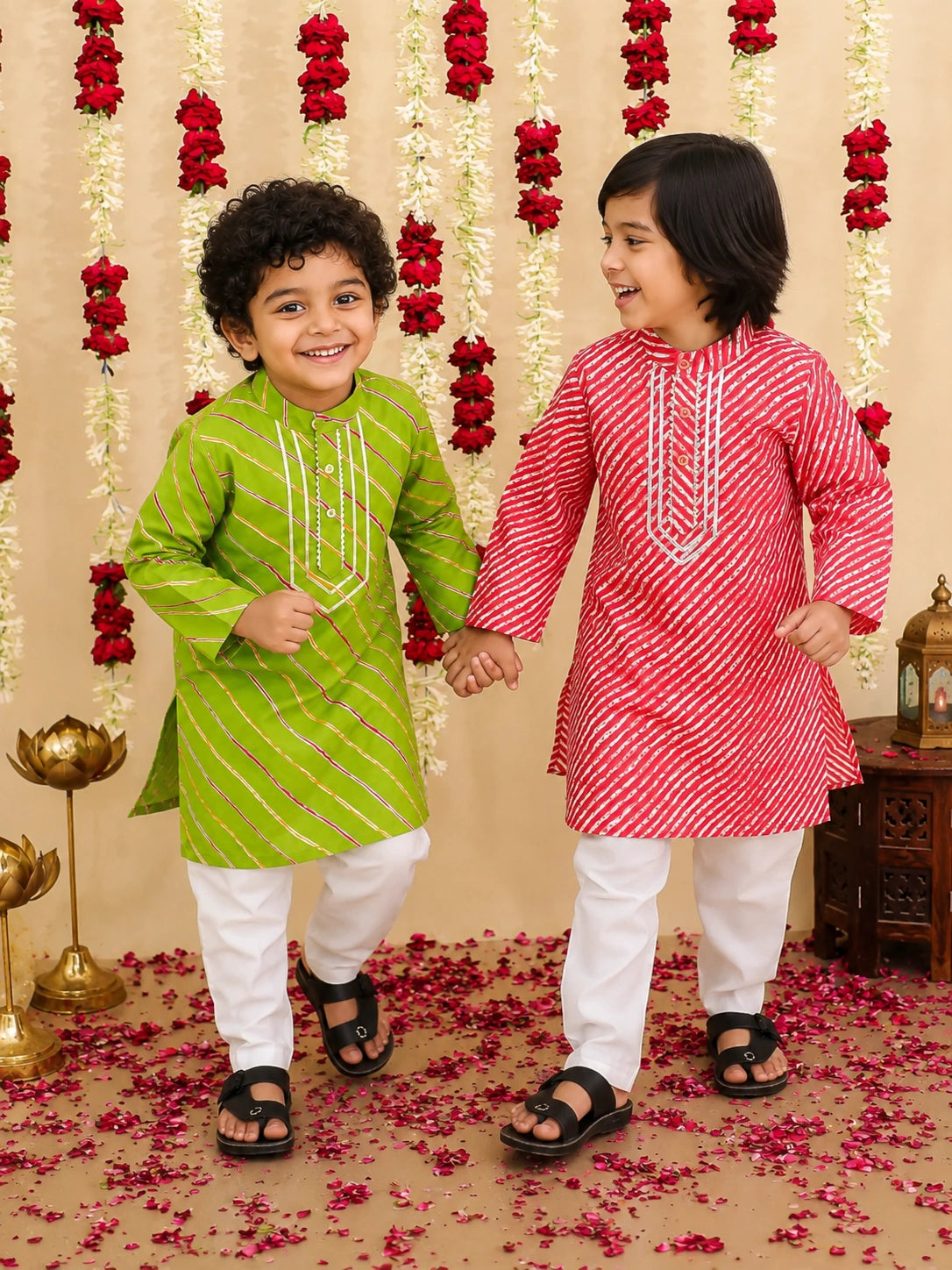 BownBee Pure Cotton Lehriya Kurta Pajama Sibling Set Red & Green Combo