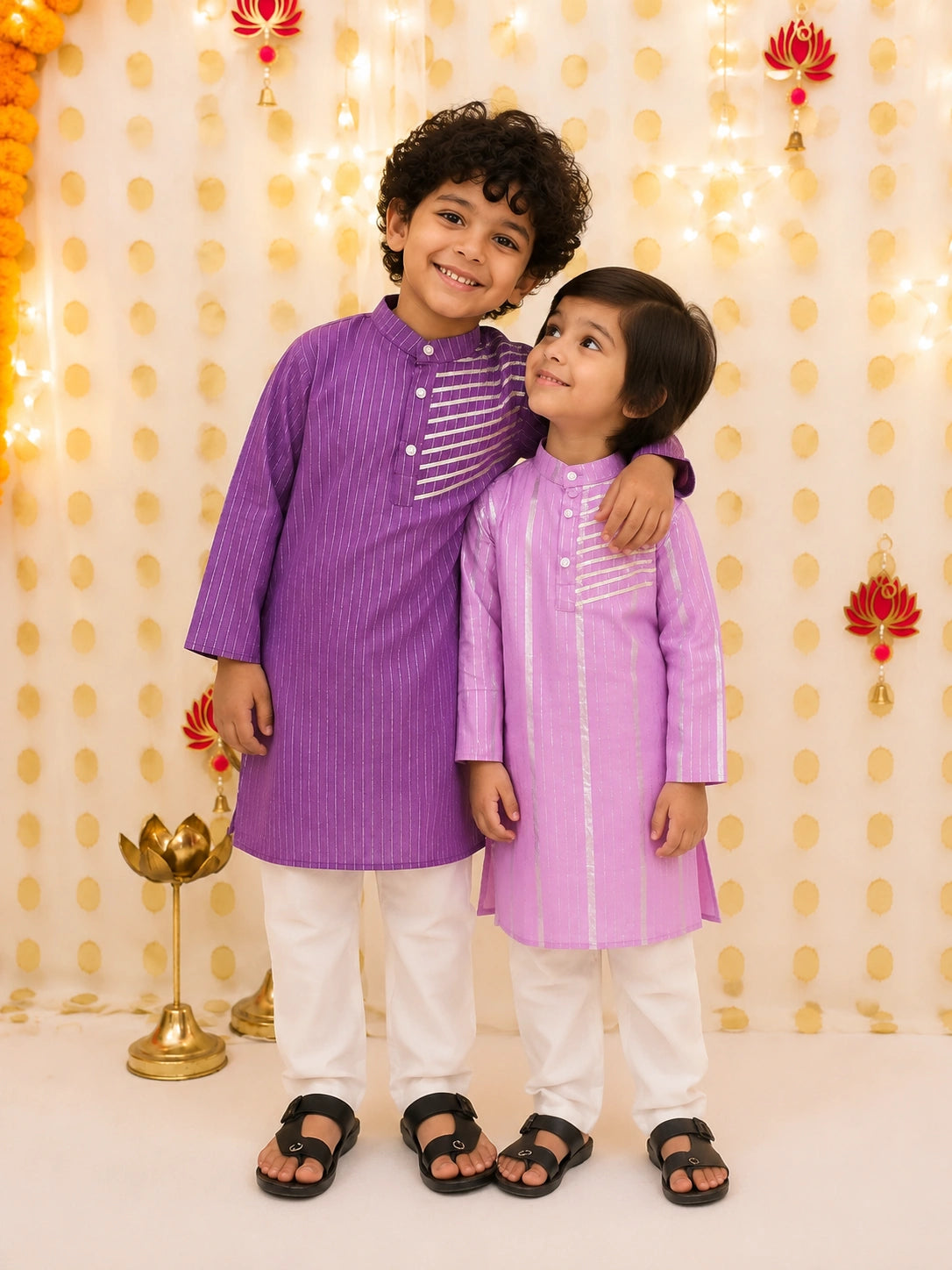 BownBee Pure Cotton Lurex Kurta Pajama Sibling Set Purple & Lilac Combo