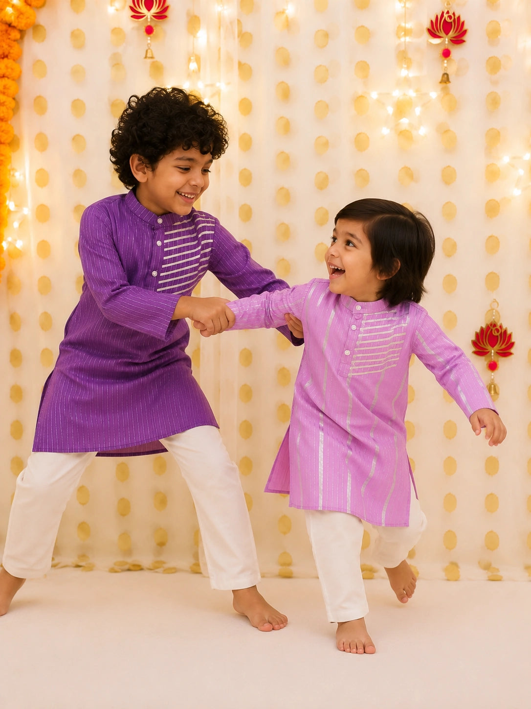 BownBee Pure Cotton Lurex Kurta Pajama Sibling Set Purple & Lilac Combo