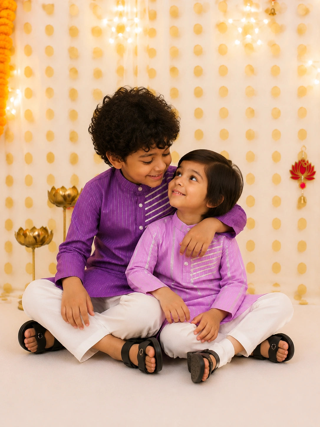 BownBee Pure Cotton Lurex Kurta Pajama Sibling Set Purple & Lilac Combo